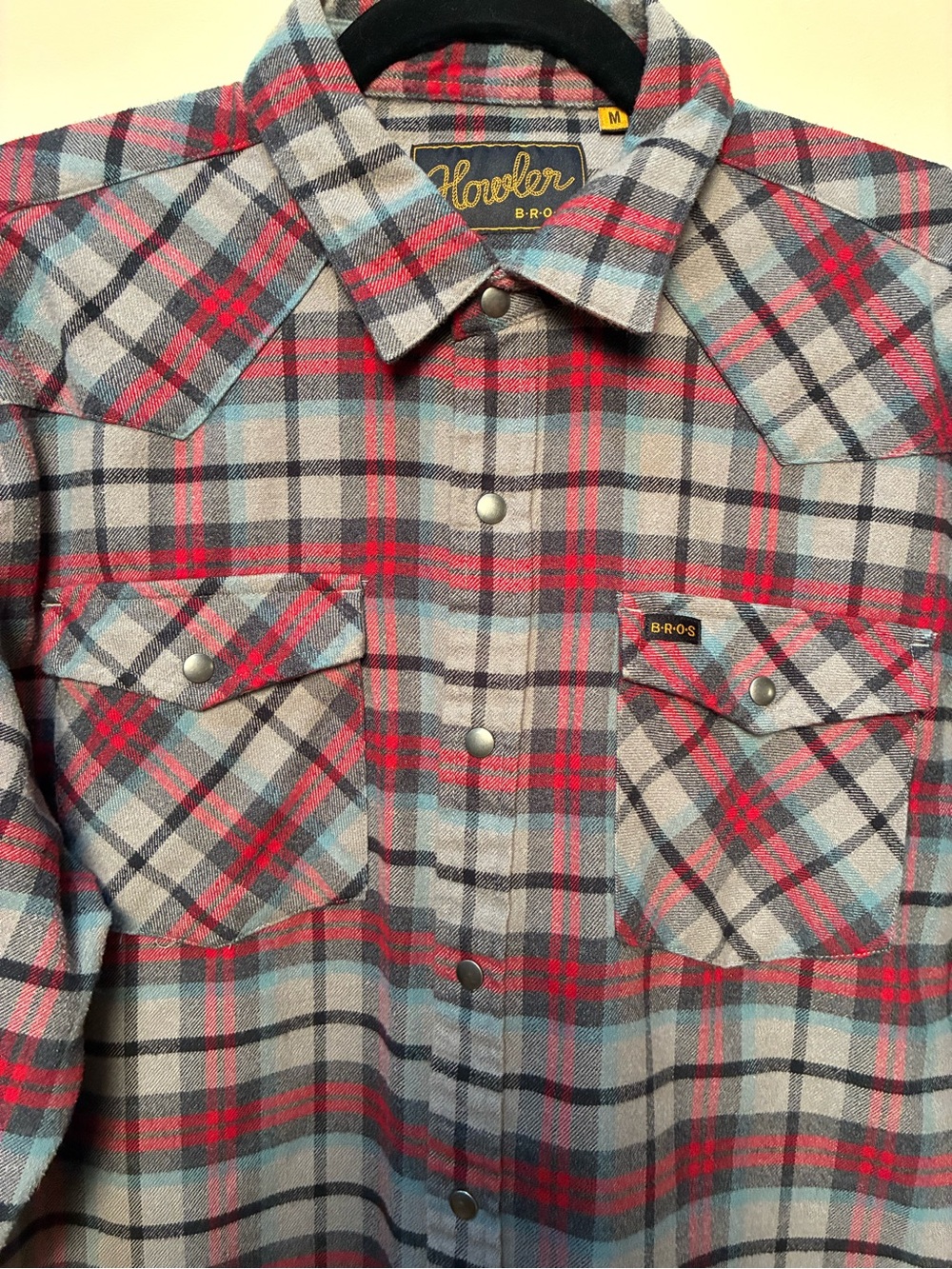 Howler Brothers - Snaps, Red & Gray Plaid Western Button-Down Flannel - MEDIUM